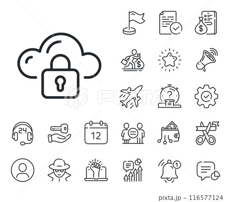 Internet data storage sign. Salaryman, gender equality and alert bell outline icons. Cloud computing protection line icon. File hosting technology symbol. Cloud protection line sign. Vector 116577124