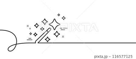 Magic wand line icon. Continuous one line with curl. Magician stick sign. Wizard tool with star symbol. Magic wand single outline ribbon. Loop curve pattern. Vector Magic wand line icon. Continuous one line with curl. Magician stick sign. Wizard tool with star symbol. Magic wand single outline ribbon. Loop curve pattern. Vector 116577125