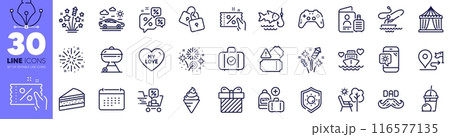 Deckchair, Grill and Fishing line icons pack. Discounts cart, Ice cream, Discounts chat web icon. Sun protection, Gamepad, Carry-on baggage pictogram. Add handbag, Circus tent. Vector Deckchair, Grill and Fishing line icons pack. Discounts cart, Ice cream, Discounts chat web icon. Sun protection, Gamepad, Carry-on baggage pictogram. Add handbag, Circus tent. Vector 116577135