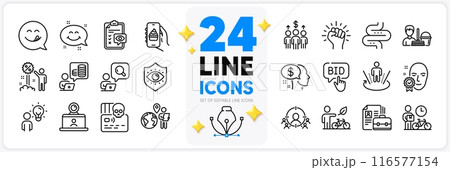 Icons set of Pay, Augmented reality and Smile chat line icons pack for app with Eye checklist, Cyber attack, Eco bike thin outline icon. Inspect, Yummy smile, Eye protection pictogram. Vector Icons set of Pay, Augmented reality and Smile chat line icons pack for app with Eye checklist, Cyber attack, Eco bike thin outline icon. Inspect, Yummy smile, Eye protection pictogram. Vector 116577154