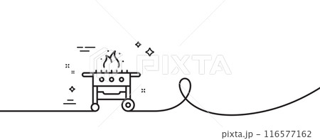 Gas grill line icon. Continuous one line with curl. Barbecue cooker for cooking food sign. Meat brazier symbol. Gas grill single outline ribbon. Loop curve pattern. Vector 116577162