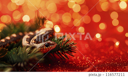 Green snake in red hat year on orange background with Christmas tree and lights. New year design 116577211