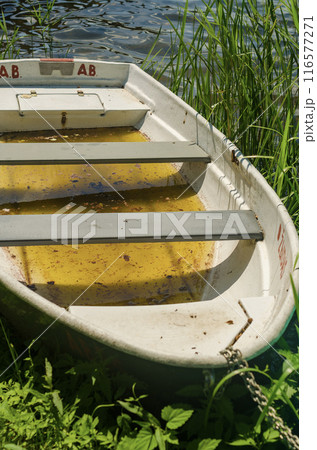 old classic dinghy floating in the pond. High quality photo 116577271