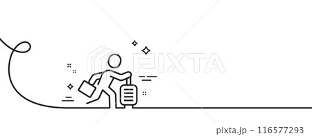 Travel delay line icon. Continuous one line with curl. Man run with travel baggage sign. Passenger is late symbol. Travel delay single outline ribbon. Loop curve pattern. Vector 116577293