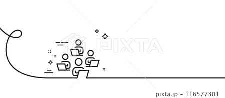 Teamwork line icon. Continuous one line with curl. Remote office sign. Team employees symbol. Teamwork single outline ribbon. Loop curve pattern. Vector 116577301