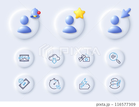 Timer, Search text and Loyalty gift line icons. Placeholder with 3d cursor, bell, star. Pack of Accepted payment, Pillow, Image carousel icon. Cloud download, Battery pictogram. Vector Timer, Search text and Loyalty gift line icons. Placeholder with 3d cursor, bell, star. Pack of Accepted payment, Pillow, Image carousel icon. Cloud download, Battery pictogram. Vector 116577309