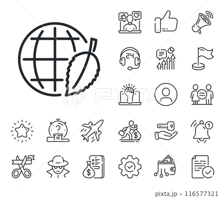 World sign. Salaryman, gender equality and alert bell outline icons. Globe with leaf line icon. Environment day symbol. Environment day line sign. Spy or profile placeholder icon. Vector World sign. Salaryman, gender equality and alert bell outline icons. Globe with leaf line icon. Environment day symbol. Environment day line sign. Spy or profile placeholder icon. Vector 116577321