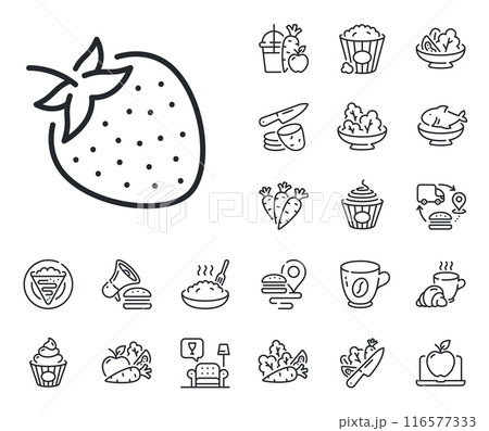Fruit food sign. Crepe, sweet popcorn and salad outline icons. Strawberry line icon. Diet nutrition symbol. Strawberry line sign. Pasta spaghetti, fresh juice icon. Supply chain. Vector Fruit food sign. Crepe, sweet popcorn and salad outline icons. Strawberry line icon. Diet nutrition symbol. Strawberry line sign. Pasta spaghetti, fresh juice icon. Supply chain. Vector 116577333