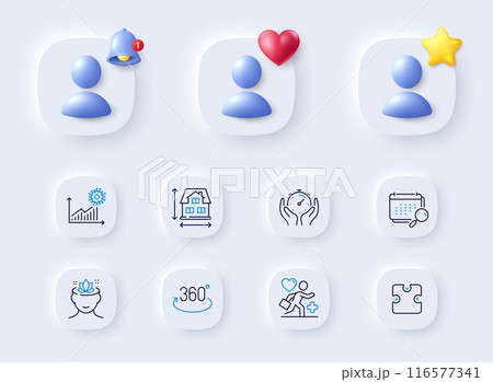 Calendar, Puzzle and Yoga mind line icons. Placeholder with 3d bell, star, heart. Pack of Full rotation, Coronavirus statistics, Timer icon. Patient, House dimension pictogram. Vector 116577341
