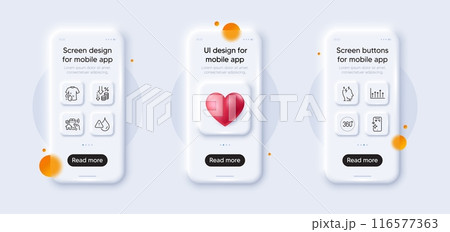 360 degrees, Wash t-shirt and House security line icons pack. 3d phone mockups with heart. Glass smartphone screen. Waterproof, Deflation, Stress web icon. Vector 116577363
