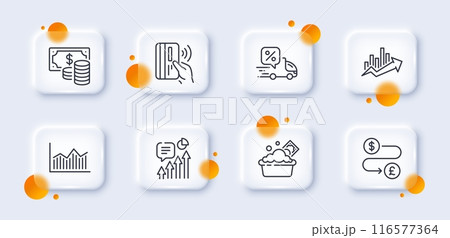Contactless payment, Growth chart and Money diagram line icons pack. 3d glass buttons with blurred circles. Delivery discount, Coins banknote, Launder money web icon. Kpi pictogram. Vector 116577364
