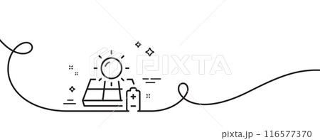 Solar panel line icon. Continuous one line with curl. Sun energy sign. Charge battery symbol. Solar panel single outline ribbon. Loop curve pattern. Vector Solar panel line icon. Continuous one line with curl. Sun energy sign. Charge battery symbol. Solar panel single outline ribbon. Loop curve pattern. Vector 116577370