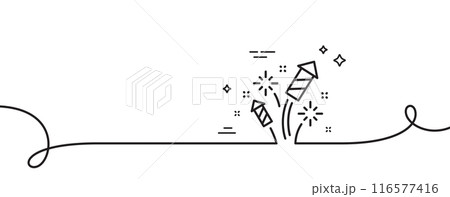Fireworks rocket line icon. Continuous one line with curl. Pyrotechnic salute sign. Carnival celebration lights symbol. Fireworks rocket single outline ribbon. Loop curve pattern. Vector Fireworks rocket line icon. Continuous one line with curl. Pyrotechnic salute sign. Carnival celebration lights symbol. Fireworks rocket single outline ribbon. Loop curve pattern. Vector 116577416