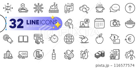 Outline set of Painting brush, Framework and Swipe up line icons for web with Calendar, Transport insurance, Dots message thin icon. Property agency, Coffee cup, Change money pictogram icon. Vector Outline set of Painting brush, Framework and Swipe up line icons for web with Calendar, Transport insurance, Dots message thin icon. Property agency, Coffee cup, Change money pictogram icon. Vector 116577574
