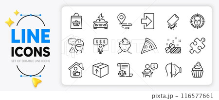 Present, Employee benefits and Place line icons set for app include Podium, Legal documents, Cupcake outline thin icon. Puzzle, Car charging, Face detect pictogram icon. Online buying. Vector 116577661