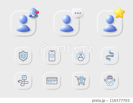 Phone protection, Verified internet and Timeline line icons. Placeholder with 3d star, reminder bell, chat. Pack of Remove purchase, Confirmed, Charging parking icon. Vector 116577703