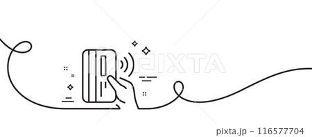 Contactless payment card line icon. Continuous one line with curl. Money sign. Contactless payment single outline ribbon. Loop curve pattern. Vector Contactless payment card line icon. Continuous one line with curl. Money sign. Contactless payment single outline ribbon. Loop curve pattern. Vector 116577704