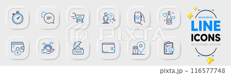 Shopping cart, Search employee and Money wallet line icons for web app. Pack of Fake news, Checklist, Text message pictogram icons. Approved app, Lgbt, Wallet signs. Love champagne. Vector Shopping cart, Search employee and Money wallet line icons for web app. Pack of Fake news, Checklist, Text message pictogram icons. Approved app, Lgbt, Wallet signs. Love champagne. Vector 116577748