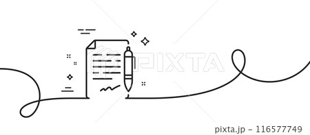 Agreement document line icon. Continuous one line with curl. Contract file signature sign. Office note symbol. Agreement document single outline ribbon. Loop curve pattern. Vector 116577749