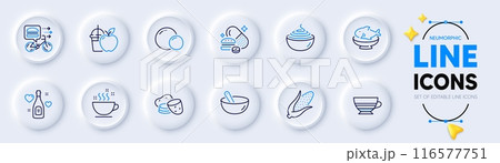Juice, Peas and Potato line icons for web app. Pack of Food delivery, Coffee cup, Love champagne pictogram icons. Mocha, Seafood, Corn signs. Pasta, Cooking mix, Overeating pills. Apple. Vector 116577751