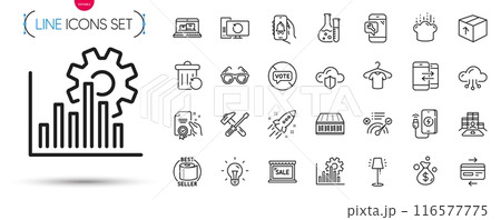 Pack of Cloud protection, Stand lamp and Stop voting line icons. Include Hammer tool, Phone communication, Sale pictogram icons. Recovery computer, Startup rocket, Phone charging signs. Vector 116577775