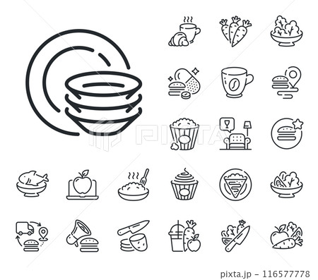 Tableware plates sign. Crepe, sweet popcorn and salad outline icons. Dishes line icon. Food kitchenware symbol. Dishes line sign. Pasta spaghetti, fresh juice icon. Supply chain. Vector Tableware plates sign. Crepe, sweet popcorn and salad outline icons. Dishes line icon. Food kitchenware symbol. Dishes line sign. Pasta spaghetti, fresh juice icon. Supply chain. Vector 116577778