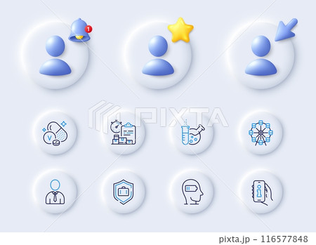 Weariness, Luggage protect and Info app line icons. Placeholder with 3d cursor, bell, star. Pack of Chemistry lab, Human, Vanadium mineral icon. Ferris wheel, Delivery report pictogram. Vector 116577848