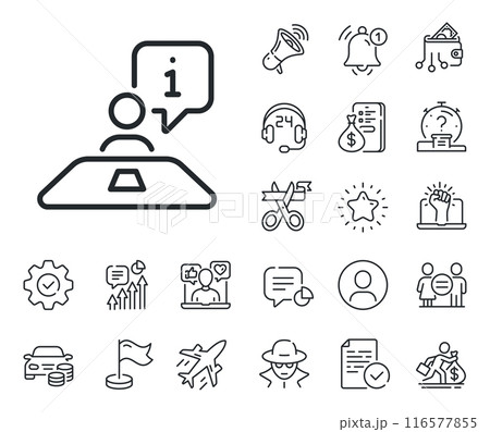 Job information sign. Salaryman, gender equality and alert bell outline icons. Interview line icon. Business meeting symbol. Interview line sign. Spy or profile placeholder icon. Vector Job information sign. Salaryman, gender equality and alert bell outline icons. Interview line icon. Business meeting symbol. Interview line sign. Spy or profile placeholder icon. Vector 116577855