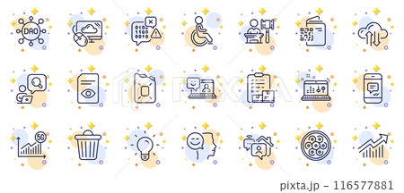 Outline set of Inventory checklist, View document and Good mood line icons for web app. Include Inspect, Cable section, Work home pictogram icons. Auction, Canister oil, Cloud computing signs. Vector Outline set of Inventory checklist, View document and Good mood line icons for web app. Include Inspect, Cable section, Work home pictogram icons. Auction, Canister oil, Cloud computing signs. Vector 116577881