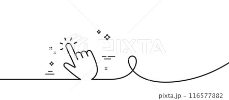 Hand cursor line icon. Continuous one line with curl. Click action sign. Finger pointer symbol. Cursor single outline ribbon. Loop curve pattern. Vector 116577882