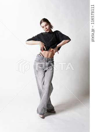 portrait hair modern white look person beauty hand background face young model lady 116578111