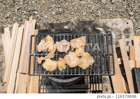 【オートキャンプ場でソロキャンプ　網で白モツを焼く】　 116578696