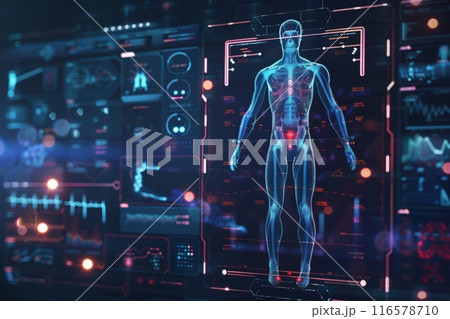 さまざまな健康指標を表示する未来的なボディスキャナー ホログラムとコピースペース 116578710