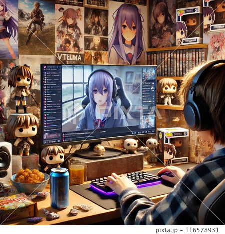 Vtuberの配信を観るオタクの男性 Vtuberの配信を観るオタクの男性 116578931