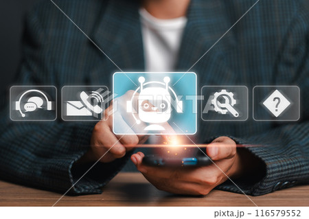 A person using a smartphone with digital icons representing customer support, AI chatbot, email, phone, settings, and help. A person using a smartphone with digital icons representing customer support, AI chatbot, email, phone, settings, and help. 116579552