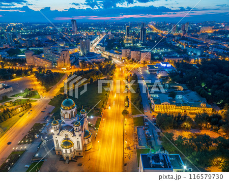 Ekaterinburg, Russia. Temple on the Blood. Night city in the early spring or summer. Aerial view 116579730