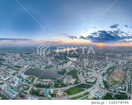 Yekaterinburg aerial panoramic view in summer sunset. Ekaterinburg is the fourth largest city in Russia located in the Eurasian continent on the border of Europe and Asia. 116579744
