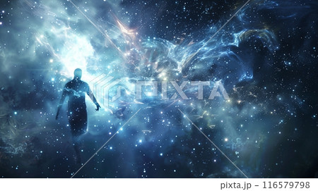 宇宙を通じての精神的な意識の旅とコピースペース 宇宙を通じての精神的な意識の旅とコピースペース 116579798