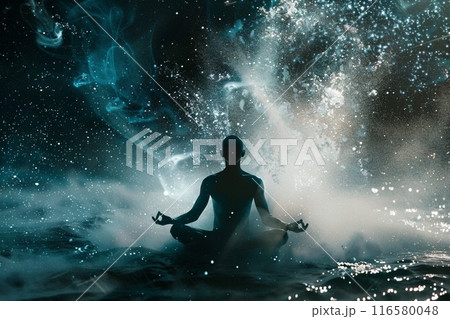 宇宙瞑想：銀河の中のシルエットとコピースペース 116580048