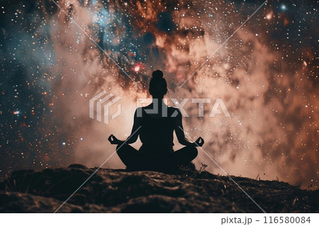 宇宙瞑想:銀河の中のシルエットとコピースペース 宇宙瞑想:銀河の中のシルエットとコピースペース 116580084