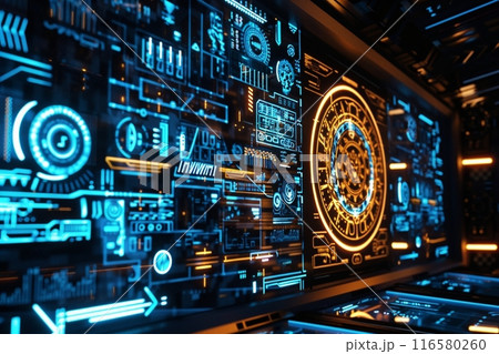 未来的なアステカ暦占星術の輪とAIロボットとコピースペース 116580260