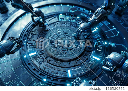 未来的なアステカ暦占星術の輪とAIロボットとコピースペース 116580261