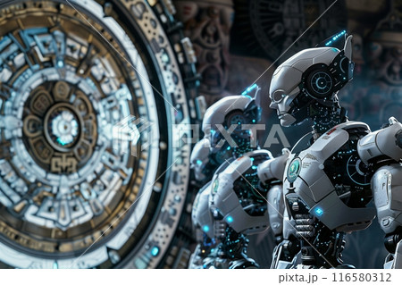 未来的なアステカ暦占星術の輪とAIロボットとコピースペース 116580312