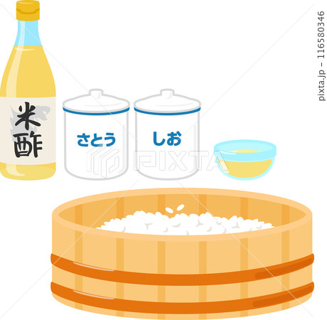 すし酢の材料と飯台に入ったご飯 116580346