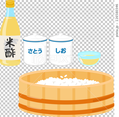 すし酢の材料と飯台に入ったご飯 116580346