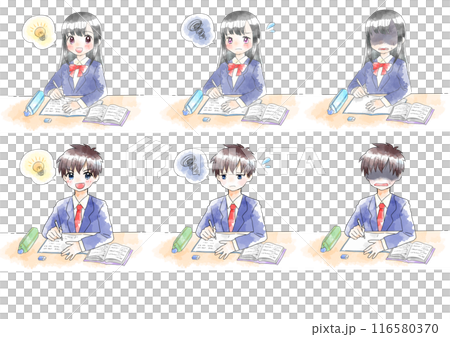 Illustration of a girl and boy studying, hand-drawn, watercolor style 116580370