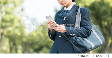 公園でスマートフォンを見る中学生・高校生の制服姿の女の子（SNSいじめ・ネットいじめ） 116580981