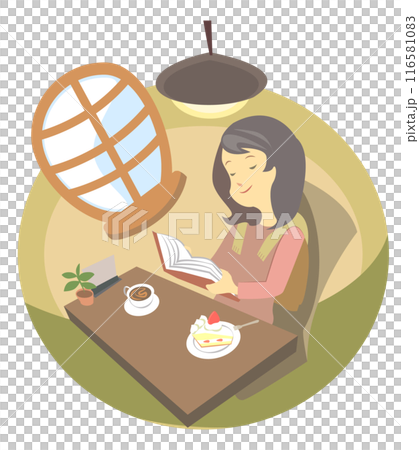 A woman relaxing and reading a book in a cafe 116581083