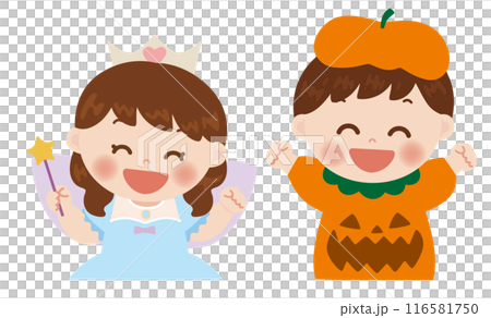 Illustration of smiling children in Halloween costumes Illustration of smiling children in Halloween costumes 116581750