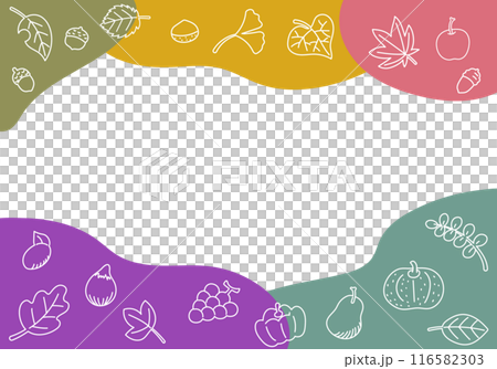一個框架，上面有落葉和秋季食物的線條畫，散落在類似秋季的形狀中。 116582303